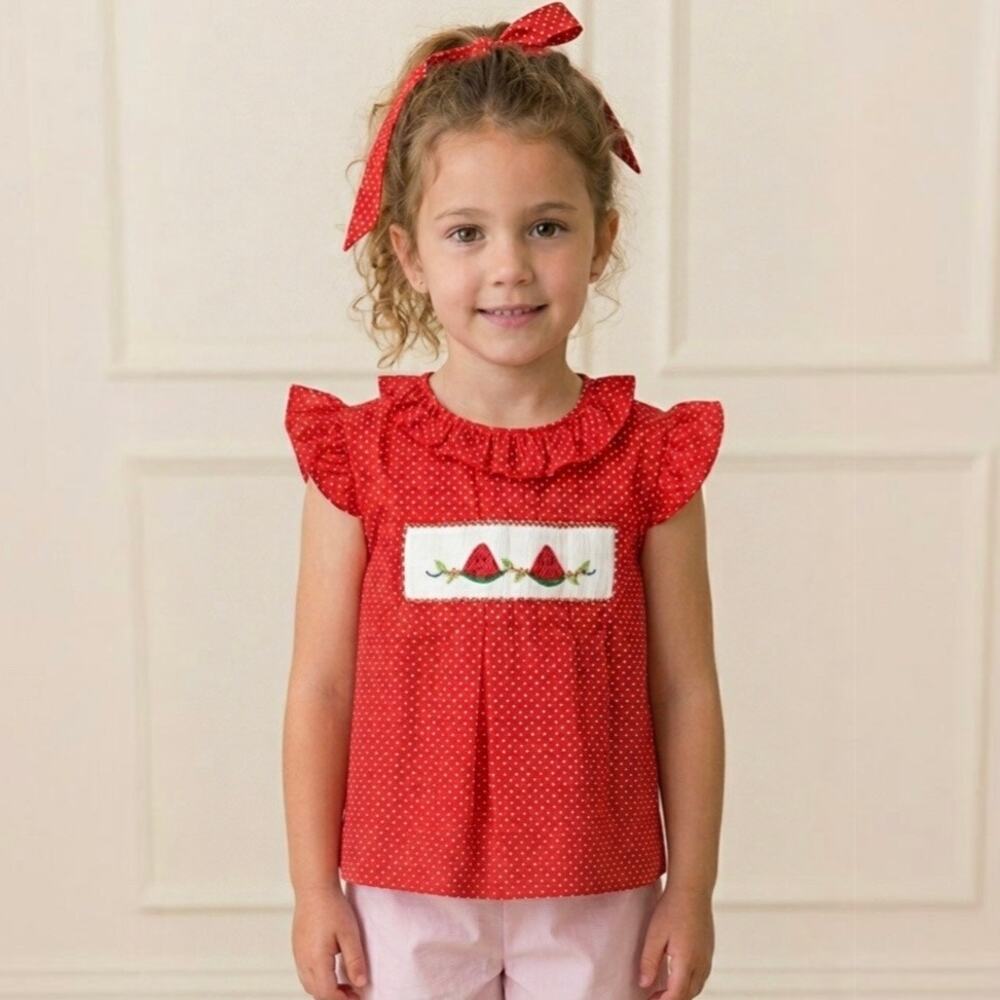 NEW Vive La Fete Girls Smocked Knit Angel Wing ShortSleeve Blouse Red PolkaDot 6